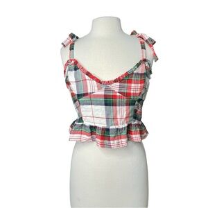 Aerie Ruffle Flannel Plaid Crop Tank Tie Straps Christmas Holiday Festive Y2K L